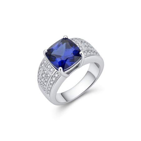 Anillo Solitario Circonita Azul Cojín en Plata 925