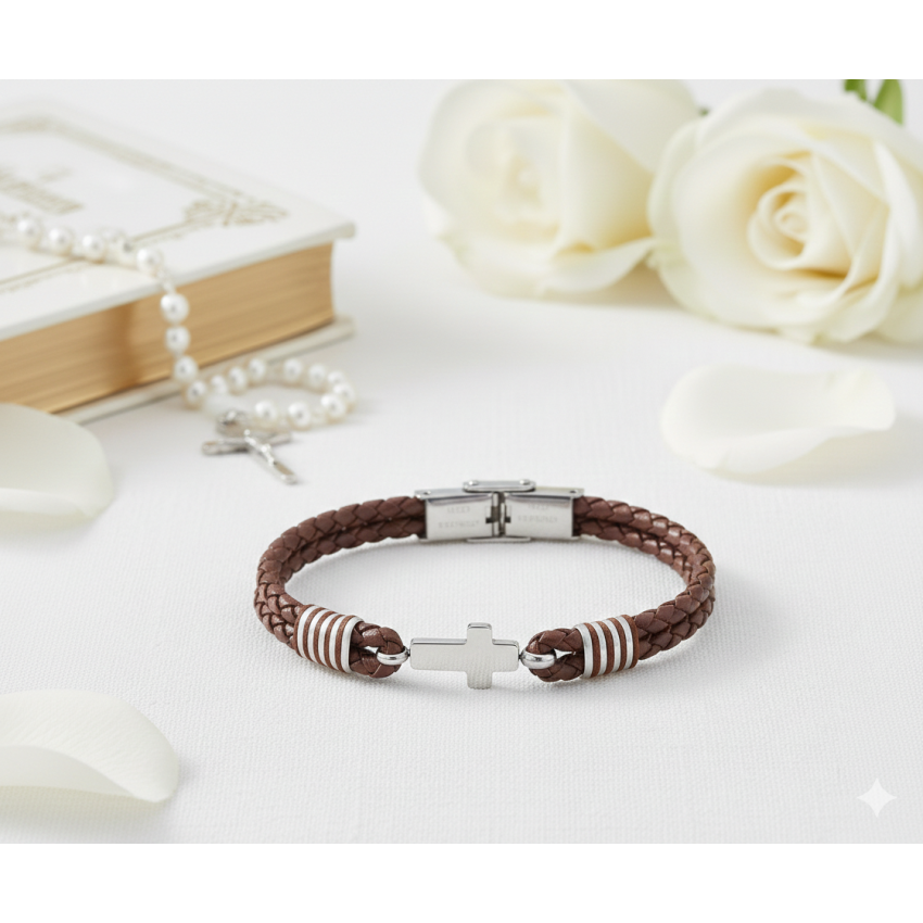 Pulsera Acero y Cuero Marrón con Cruces