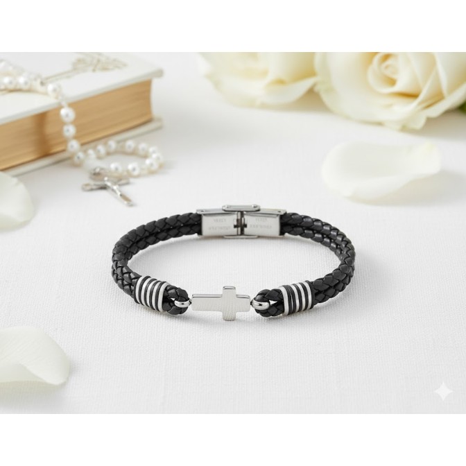 Pulsera Acero y Cuero Negro...