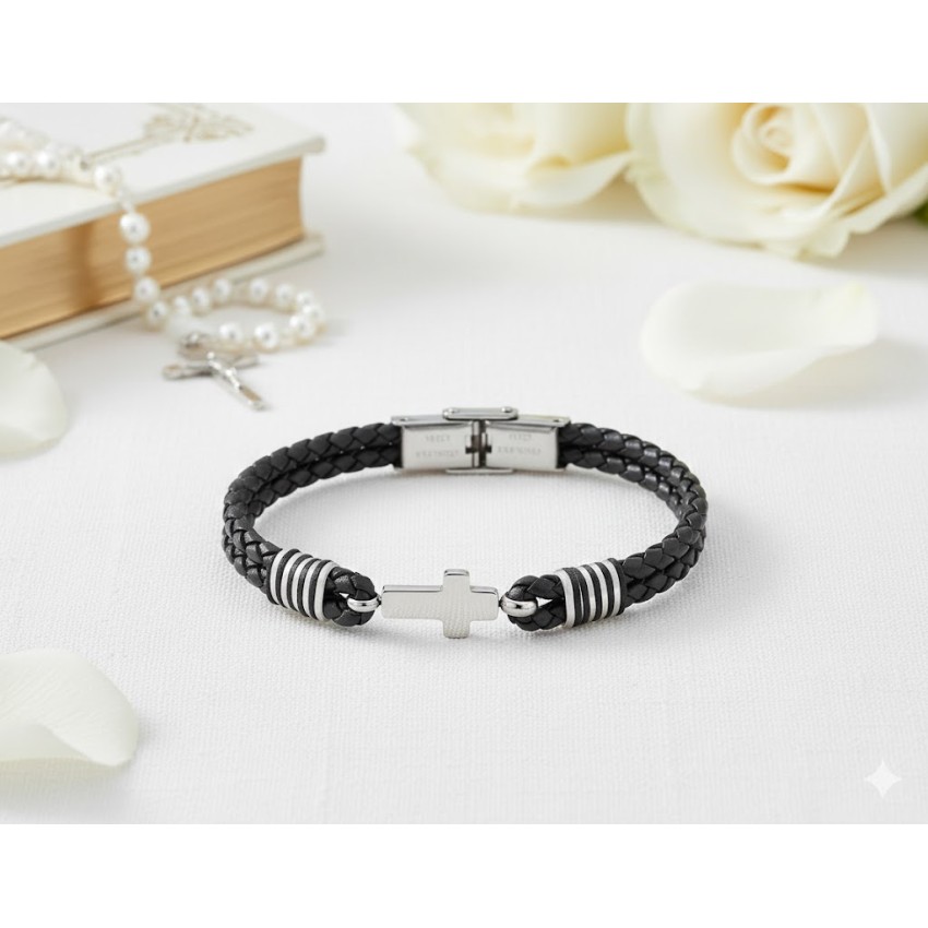 Pulsera Acero y Cuero Negro con Cruces