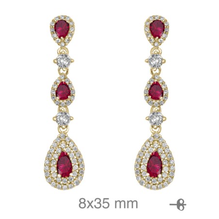 Pendientes Plata de Ley 925 con Circonita Roja Cascada 8x35mm