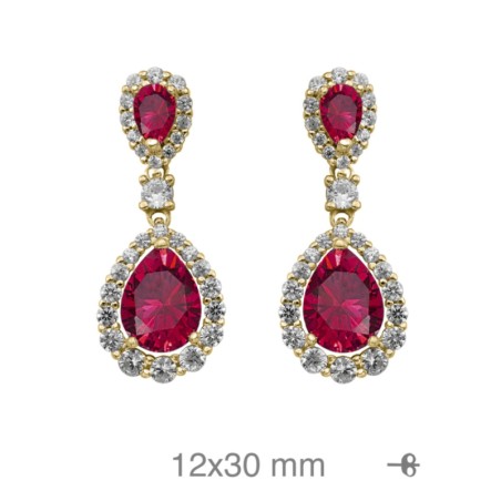 Pendientes Plata de Ley 925 con Circonita Roja Gota y Halo 12x30mm