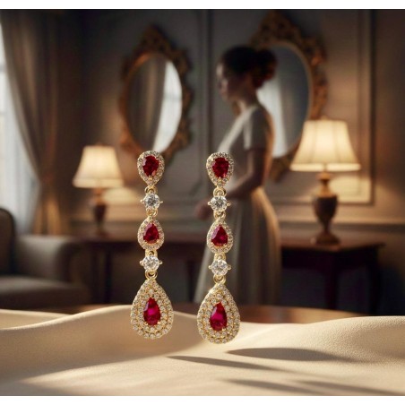 Pendientes Plata de Ley 925 con Circonita Roja Cascada 8x35mm