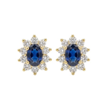 Pendientes Rosetón Plata de Ley Chapado Oro y Rodiado Circonita Azul 10x8mm