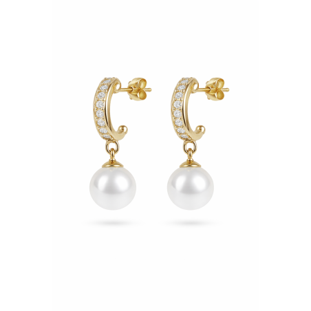 Pendientes Aro Plata de Ley 925 Baño de Oro 18kt con Circonitas y Perla Blanca