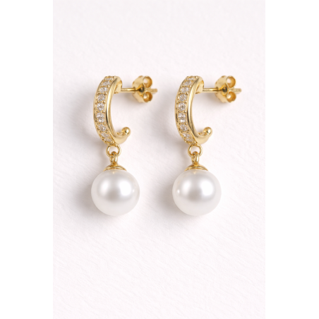 Pendientes Aro Plata de Ley 925 Baño de Oro 18kt con Circonitas y Perla Blanca