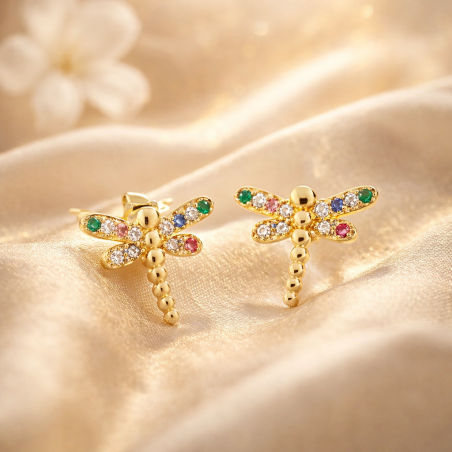 Pendientes Libélula Dorada con Circonitas Multicolor