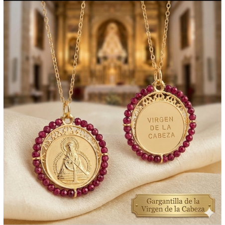 Gargantilla Medalla Virgen de la Cabeza Plata Oro Rocalla Carmesi