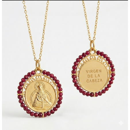 Gargantilla Medalla Virgen de la Cabeza Plata Oro Rocalla Carmesi