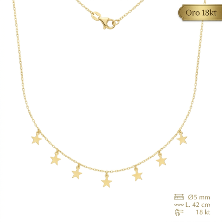Gargantilla Oro 18 Kilates Estrellas 6mm Cadena Forzada 40cm + Alargador