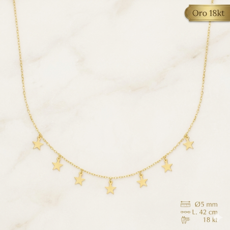Gargantilla Oro 18 Kilates Estrellas 6mm Cadena Forzada 40cm + Alargador