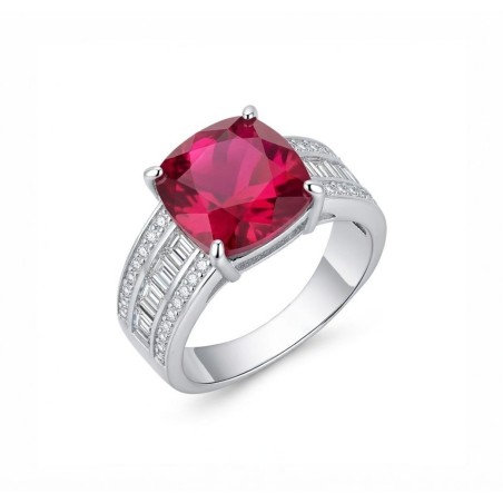 Sortija Rubí Cojín Corona Diamantada Plata 925