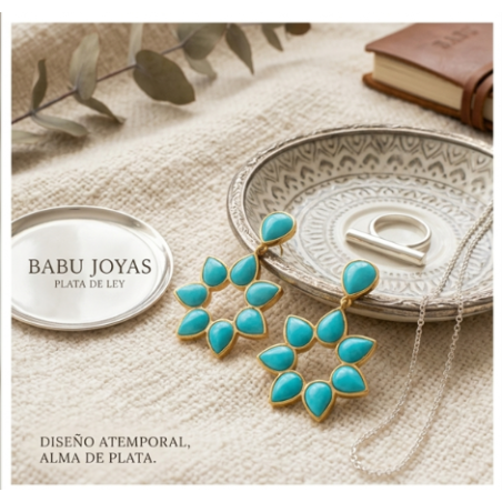 Pendientes Plata 925 Baño de Oro 18kt con Circonita Turquesa
