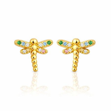 Pendientes Libélula Dorada con Circonitas Multicolor