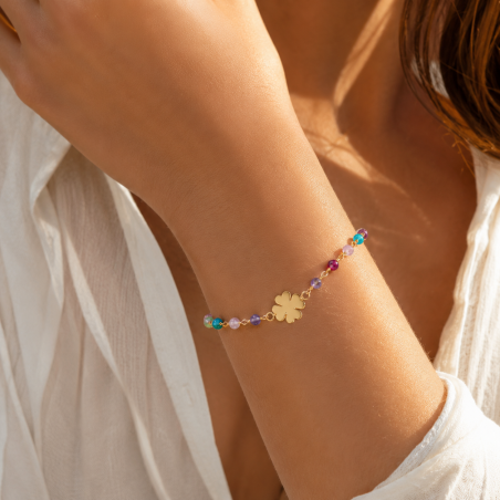 Pulsera Trebol de Cuatro Hojas con Cristales de Colores para Mujer - Plata Chapada en Oro