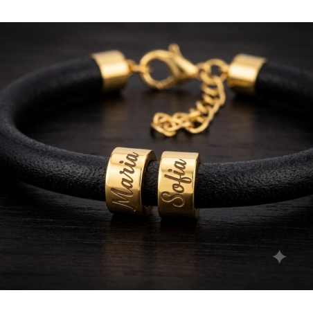 Pulsera Personalizada de Cuero y Plata Chapada en Oro con Grabado