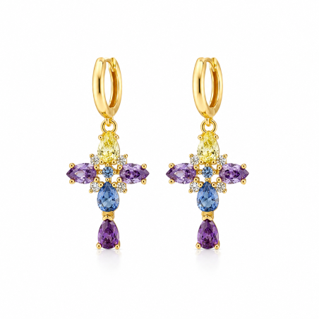 Aretes Colgantes de Cruz con Circonitas de Colores | Plata de Ley con Baño de Oro