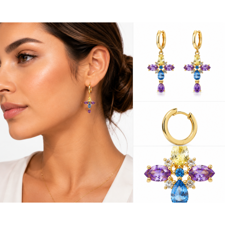 Aretes Colgantes de Cruz con Circonitas de Colores | Plata de Ley con Baño de Oro