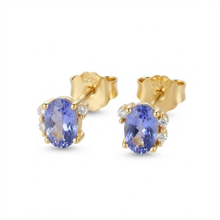 Pendientes de Plata de Ley 925 Chapados en Oro 18k Circonitas Azules Ovaladas