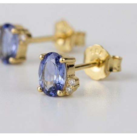 Pendientes de Plata de Ley 925 Chapados en Oro 18k Circonitas Azules Ovaladas