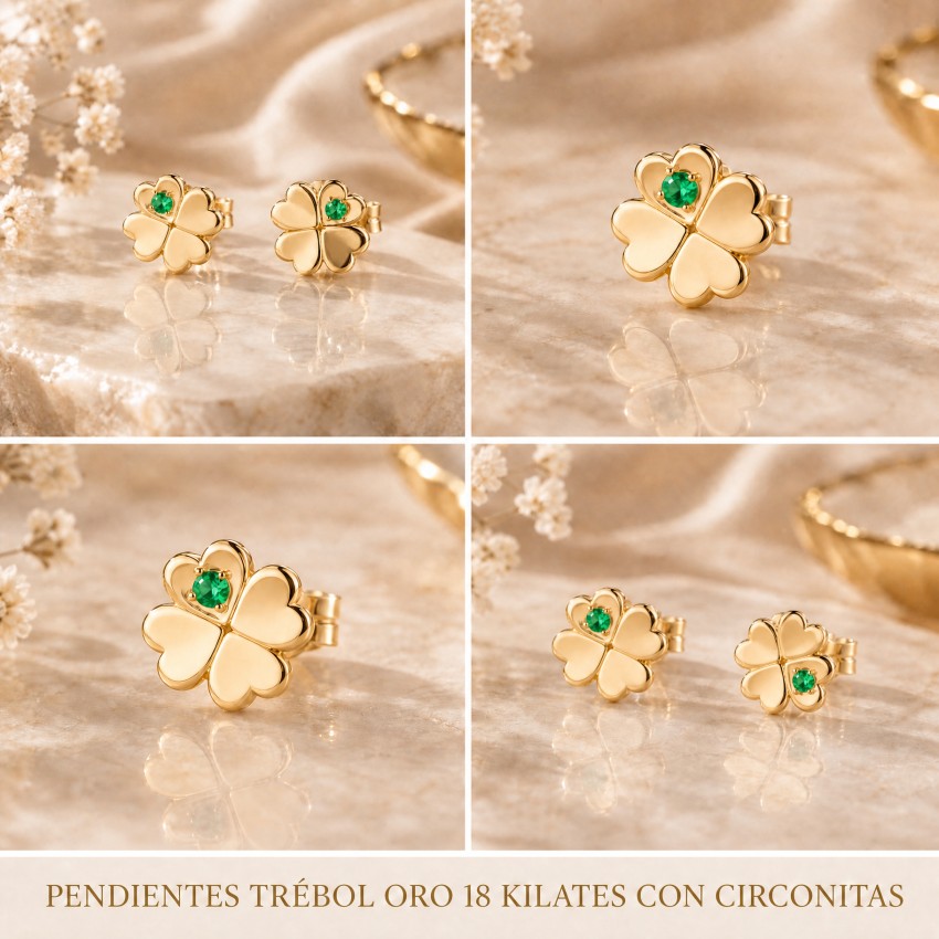 Pendientes Oro 18k Trébol con Circonita
