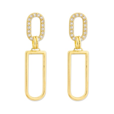 Pendientes Largos Eslabón Oval con Circonitas y Rectángulo en Plata 925 Chapados en Oro 18k 47 mm