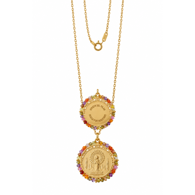Gargantilla Virgen del Pilar de plata de ley 925 chapada en oro 18k con circonitas de colores