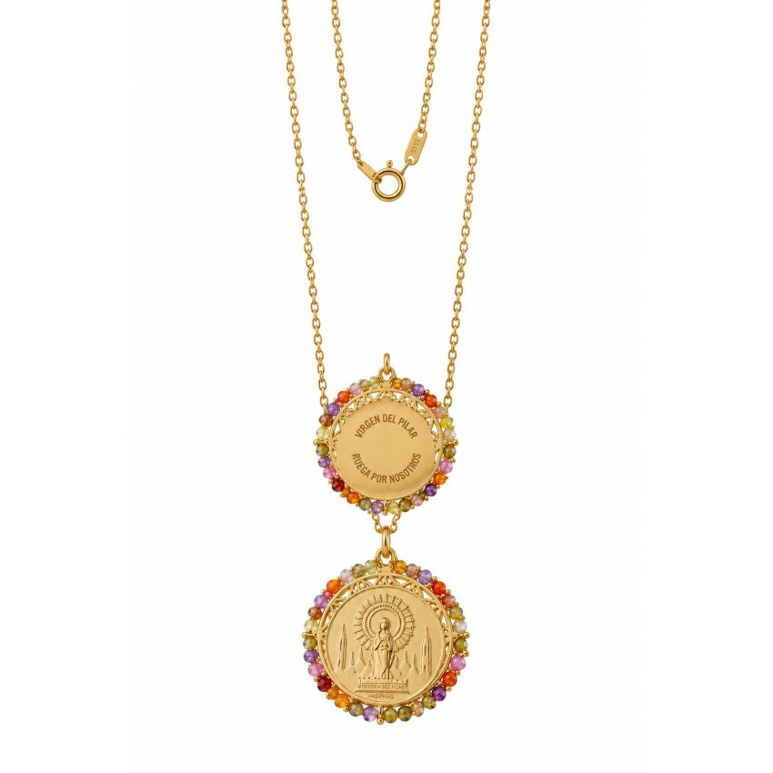 Gargantilla Virgen del Pilar de plata de ley 925 chapada en oro 18k con circonitas de colores
