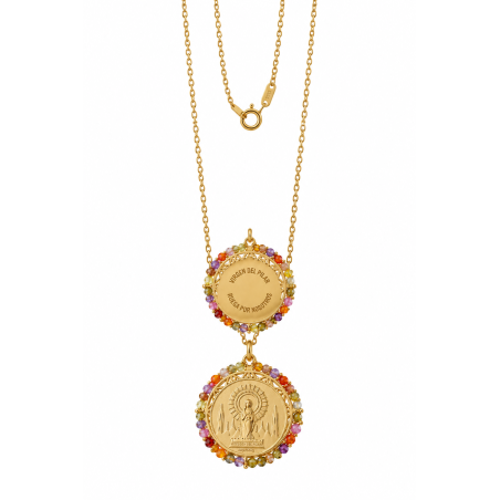 Gargantilla Virgen del Pilar de plata de ley 925 chapada en oro 18k con circonitas de colores