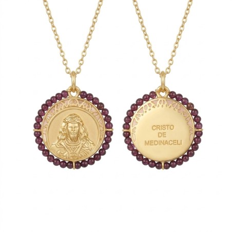 Medalla de Plata de Ley Chapada en Oro Cristo de Medinaceli con Amatista
