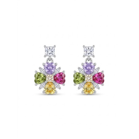 Pendientes Flor Multicolor de Plata de Ley 925 con Circonitas