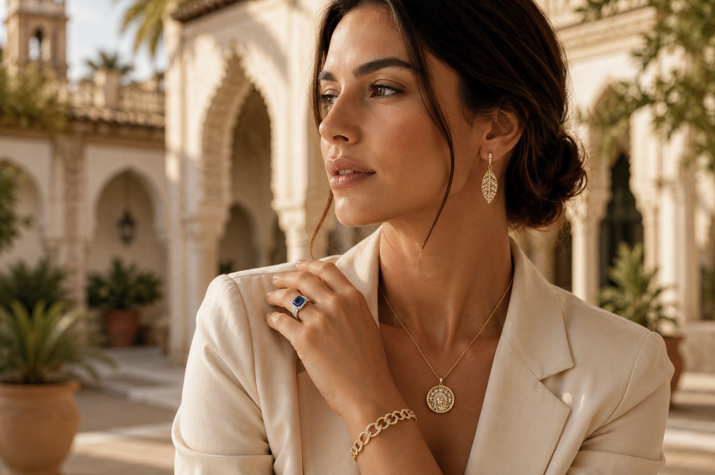 Modelo luciendo joyas de plata de ley 925, oro de 18 quilates y acero waterproof | Babu Joyas